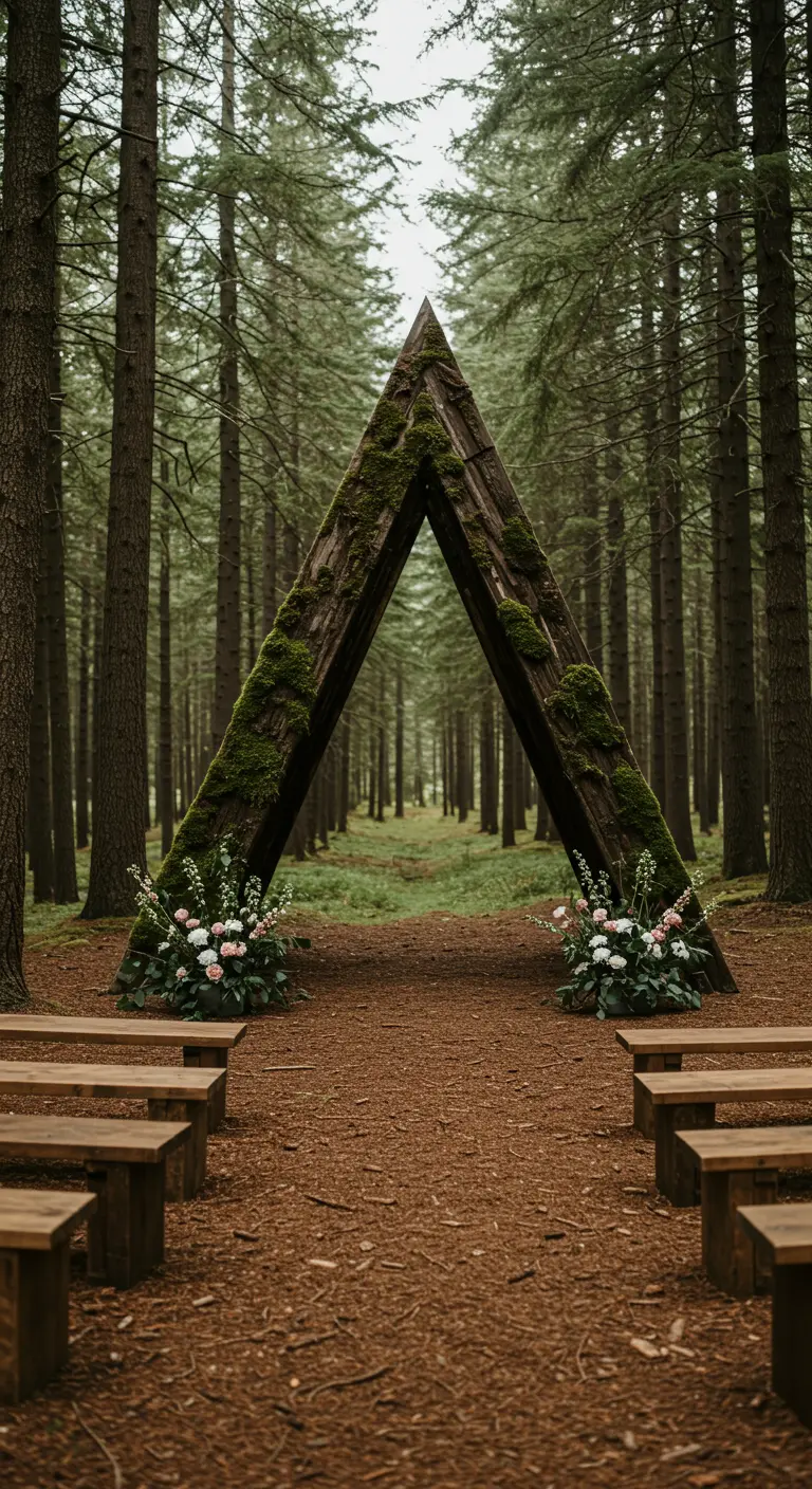 Grande arche de mariage triangulaire en bois brut recouverte de mousse dans une forêt.