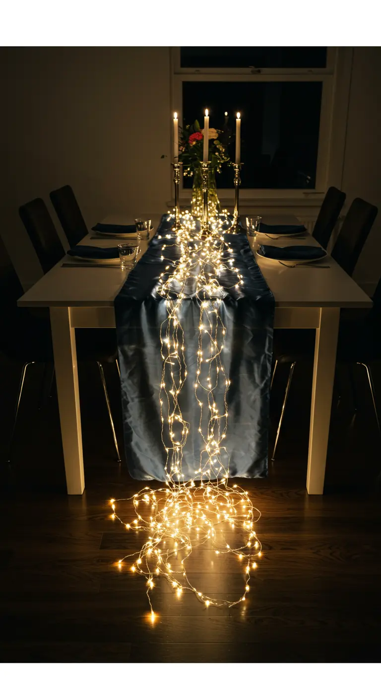 Une cascade de guirlandes lumineuses dorées coule d'une table de fête sur le sol sombre.