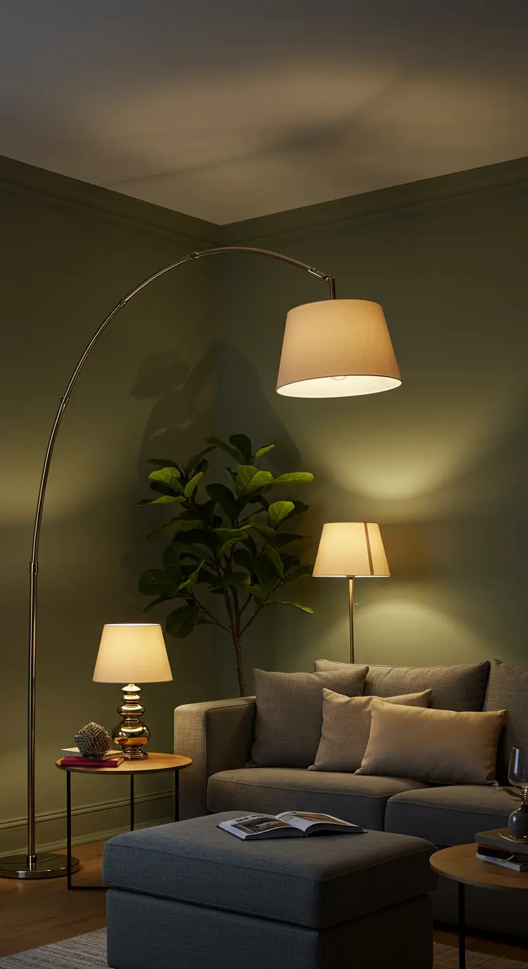 Un salon cosy avec un grand lampadaire arqué au-dessus du canapé gris.