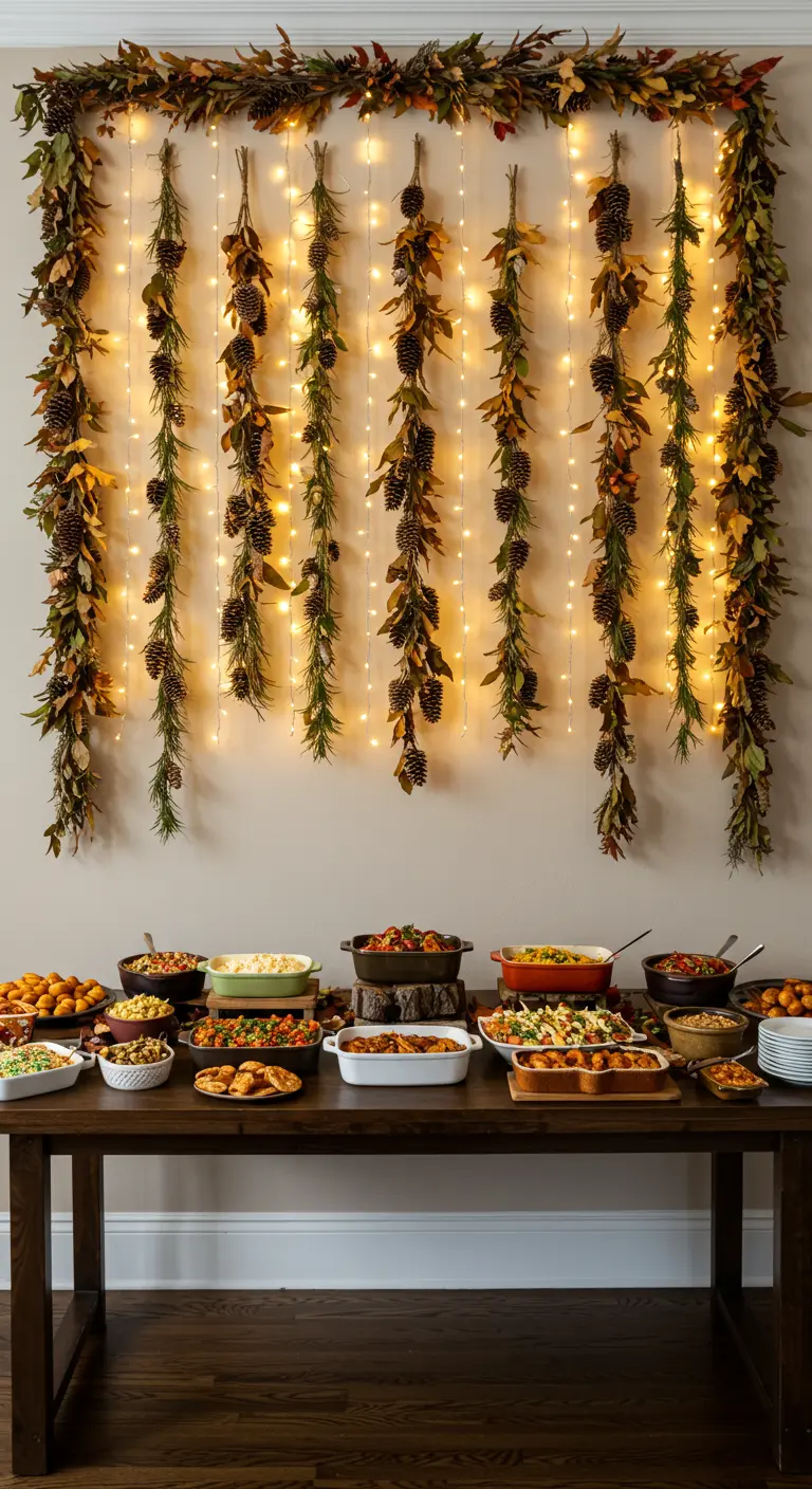 Mur derrière un buffet décoré de guirlandes végétales et lumineuses verticales.
