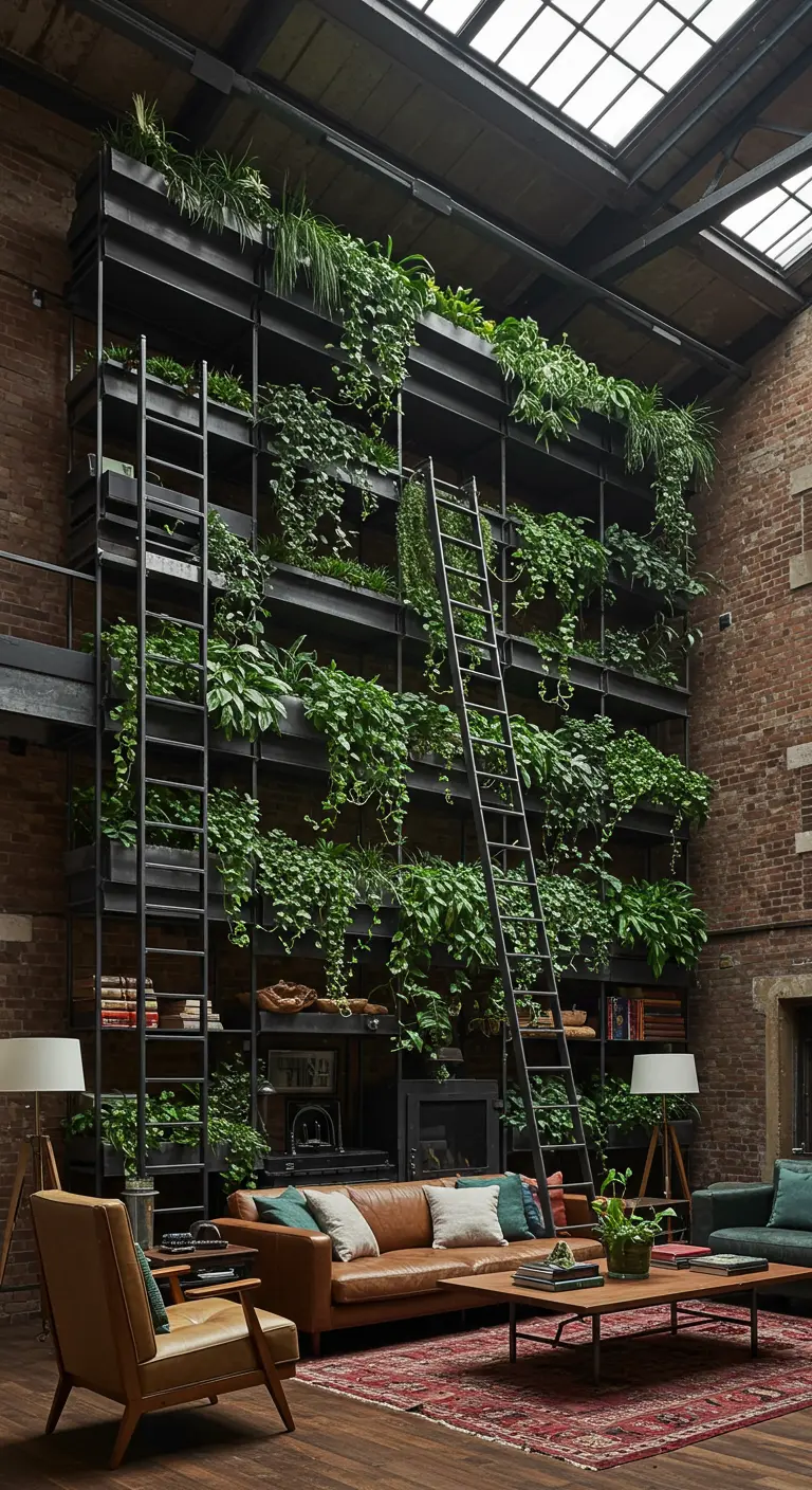 Immense structure d'étagères noires du sol au plafond, remplie de plantes, dans un loft industriel.