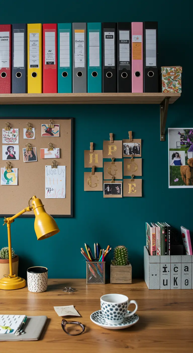 Étagère remplie de classeurs multicolores au-dessus d'un bureau avec un mur bleu canard.