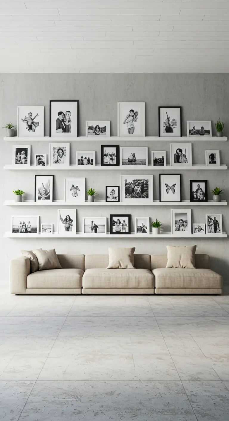 Étagères blanches avec des photos de famille en noir et blanc au-dessus d'un canapé beige.