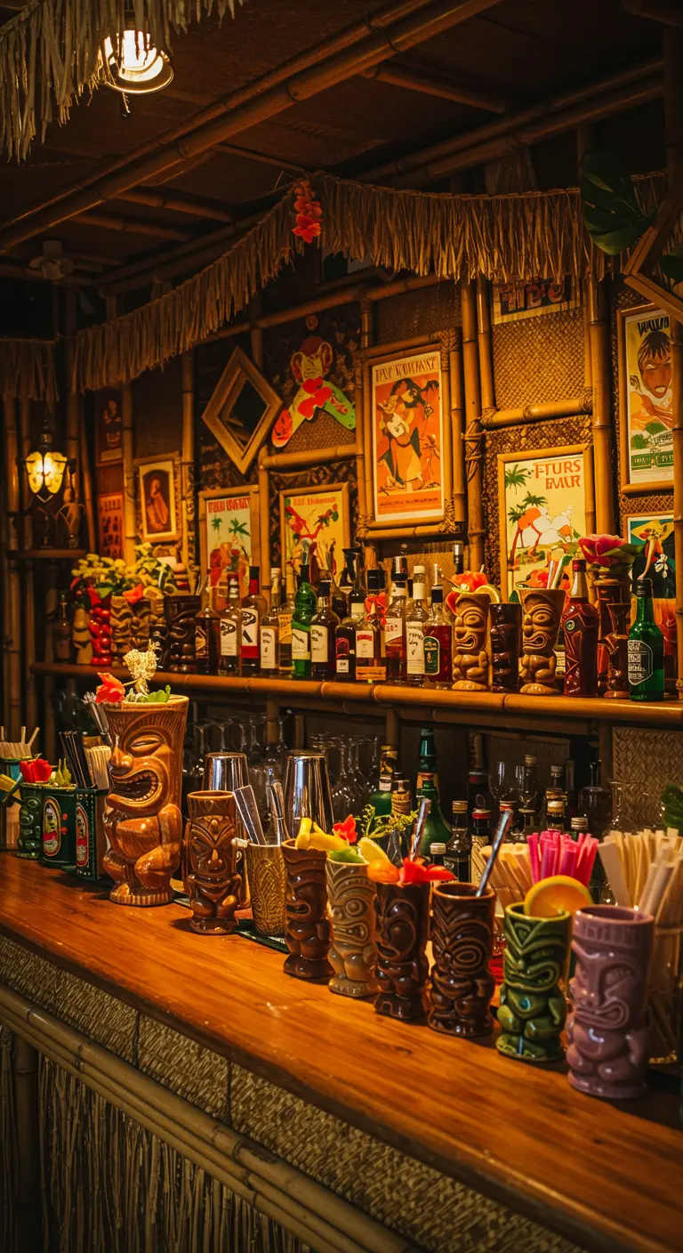 Comptoir d'un bar tiki rempli de tasses en céramique colorées et de cocktails.