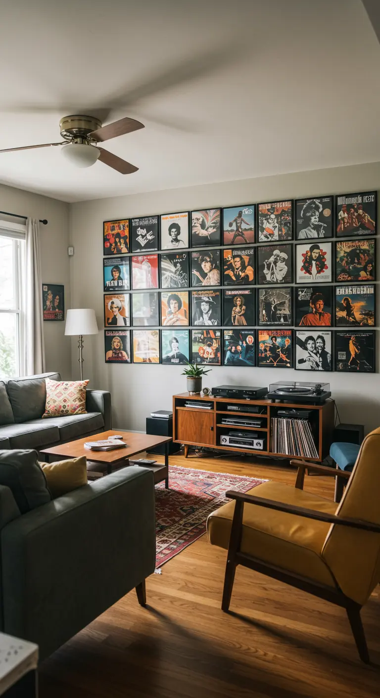 Mur entièrement couvert de pochettes de disques vinyles encadrées au-dessus d'un meuble Hi-Fi.