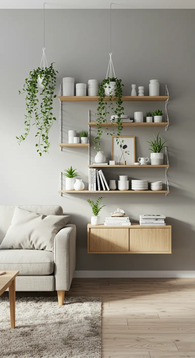 Étagères murales en bois clair avec poteries blanches et plantes suspendues dans un salon scandinave.
