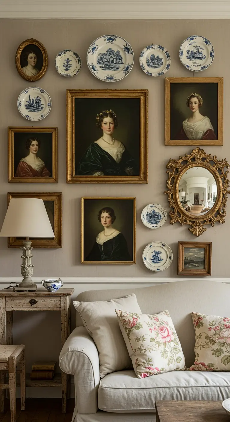 Mur de galerie mêlant portraits à l'huile encadrés, assiettes en faïence bleue et un miroir doré.