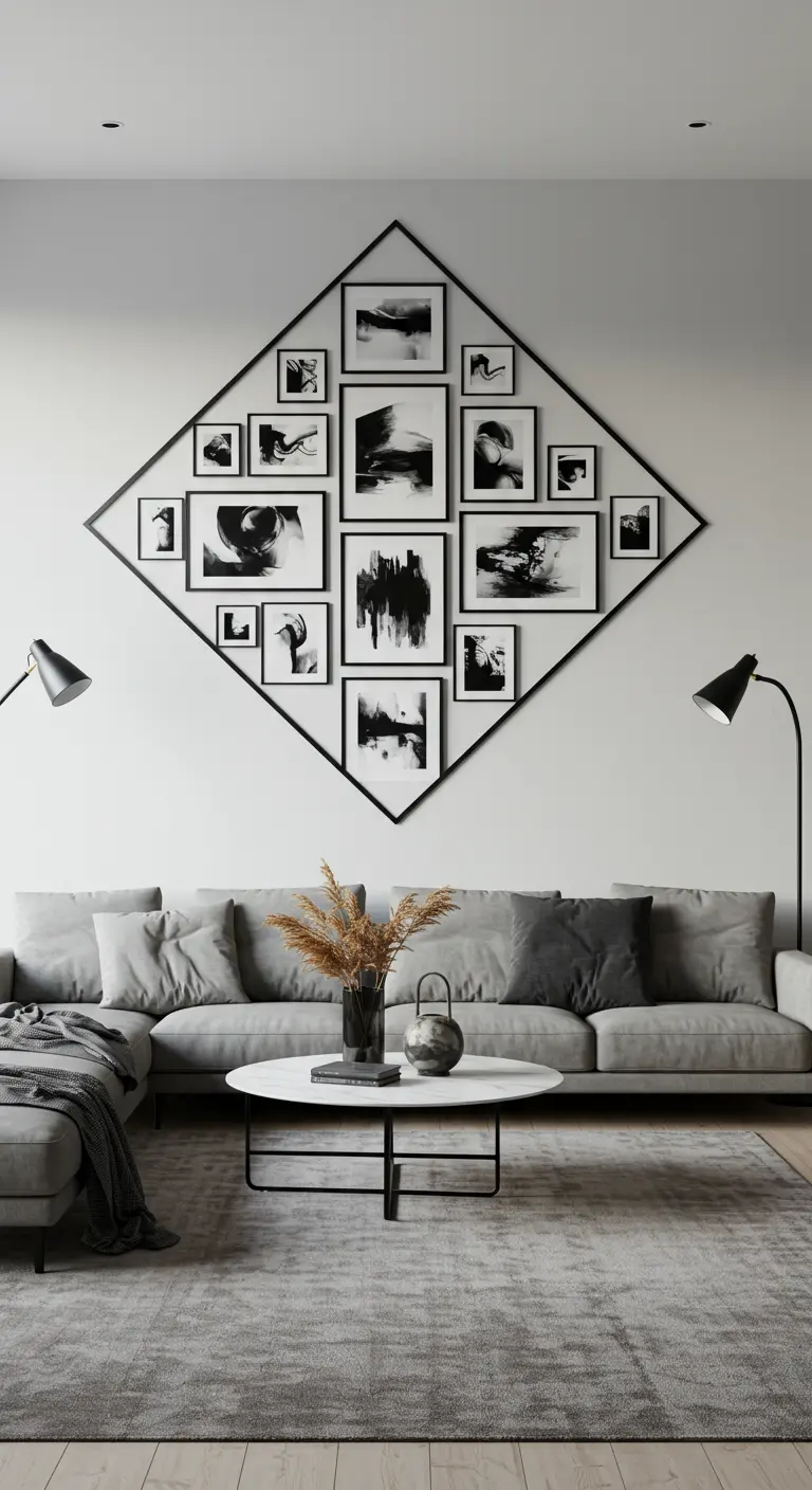 Mur de cadres en noir et blanc disposés à l'intérieur d'une grande forme de losange noir.