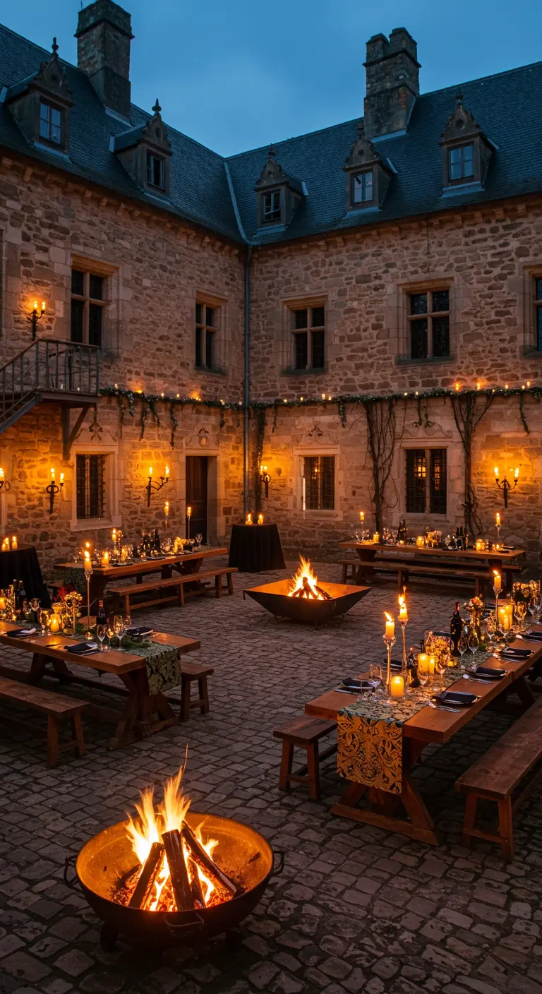 Cour pavée d'un château avec des braseros et des tables de banquet en bois.