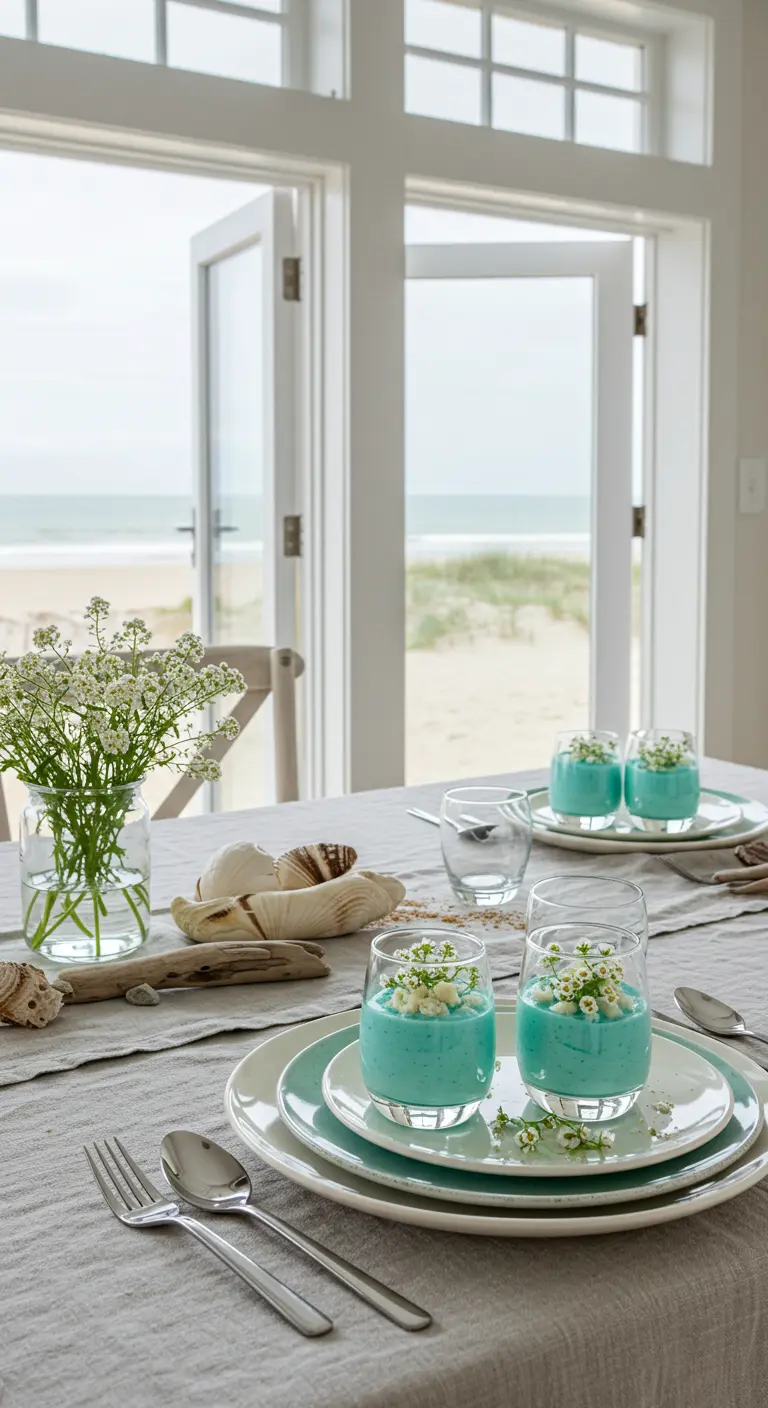 Verrines turquoise décorées de gypsophile sur une table de brunch face à la mer.