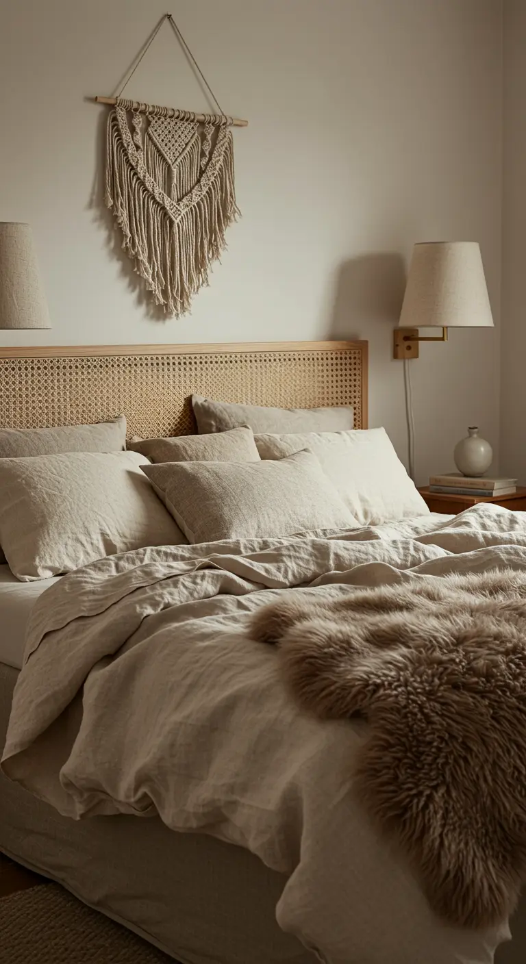 Gros plan sur un lit avec tête de lit en rotin, tenture en macramé et linge de lit beige.