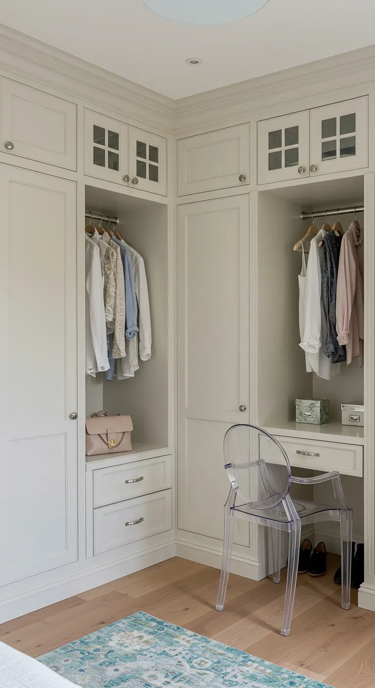 Dressing d'angle blanc de style classique avec une petite coiffeuse et une chaise transparente.