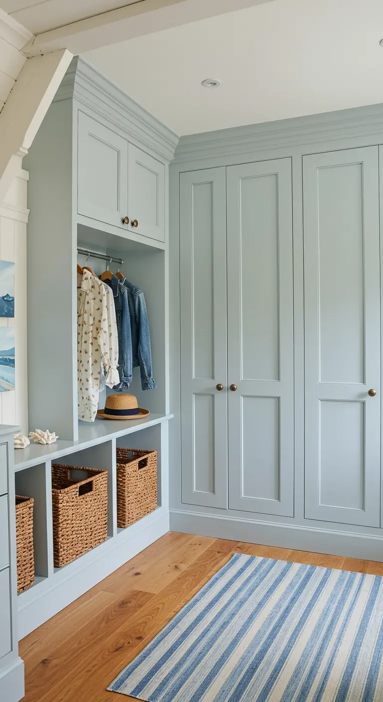 Dressing bleu pastel sous comble avec paniers tressés et tapis rayé.