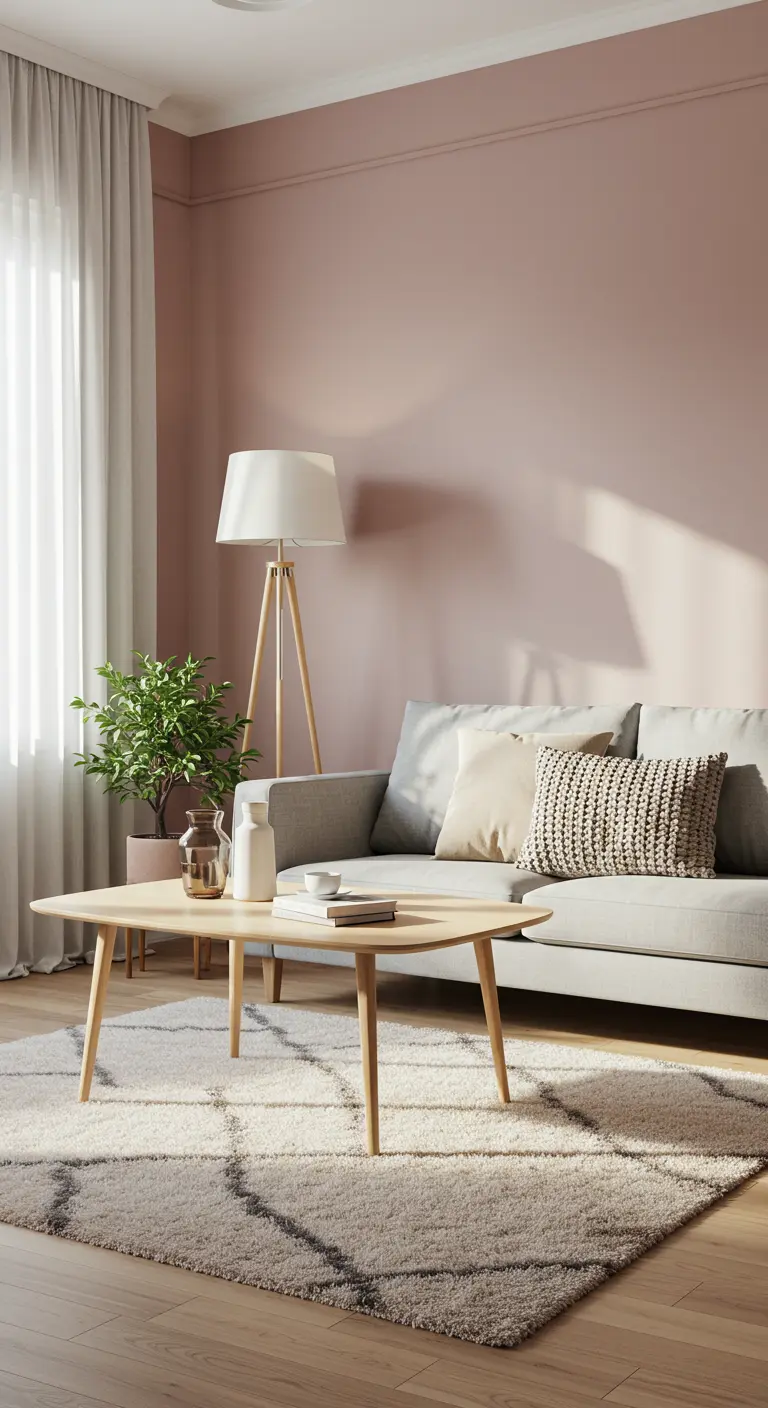 Salon scandinave avec mur rose poudré, canapé gris et table basse en bois clair.