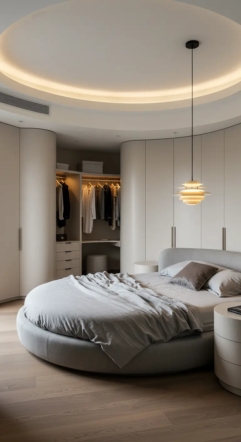 Chambre moderne avec des murs incurvés, un lit rond et un éclairage de plafond circulaire.