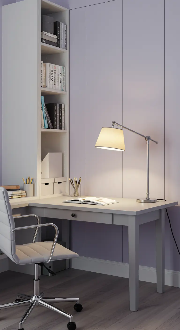 Bureau gris clair adossé à des placards muraux couleur lavande dans une chambre.