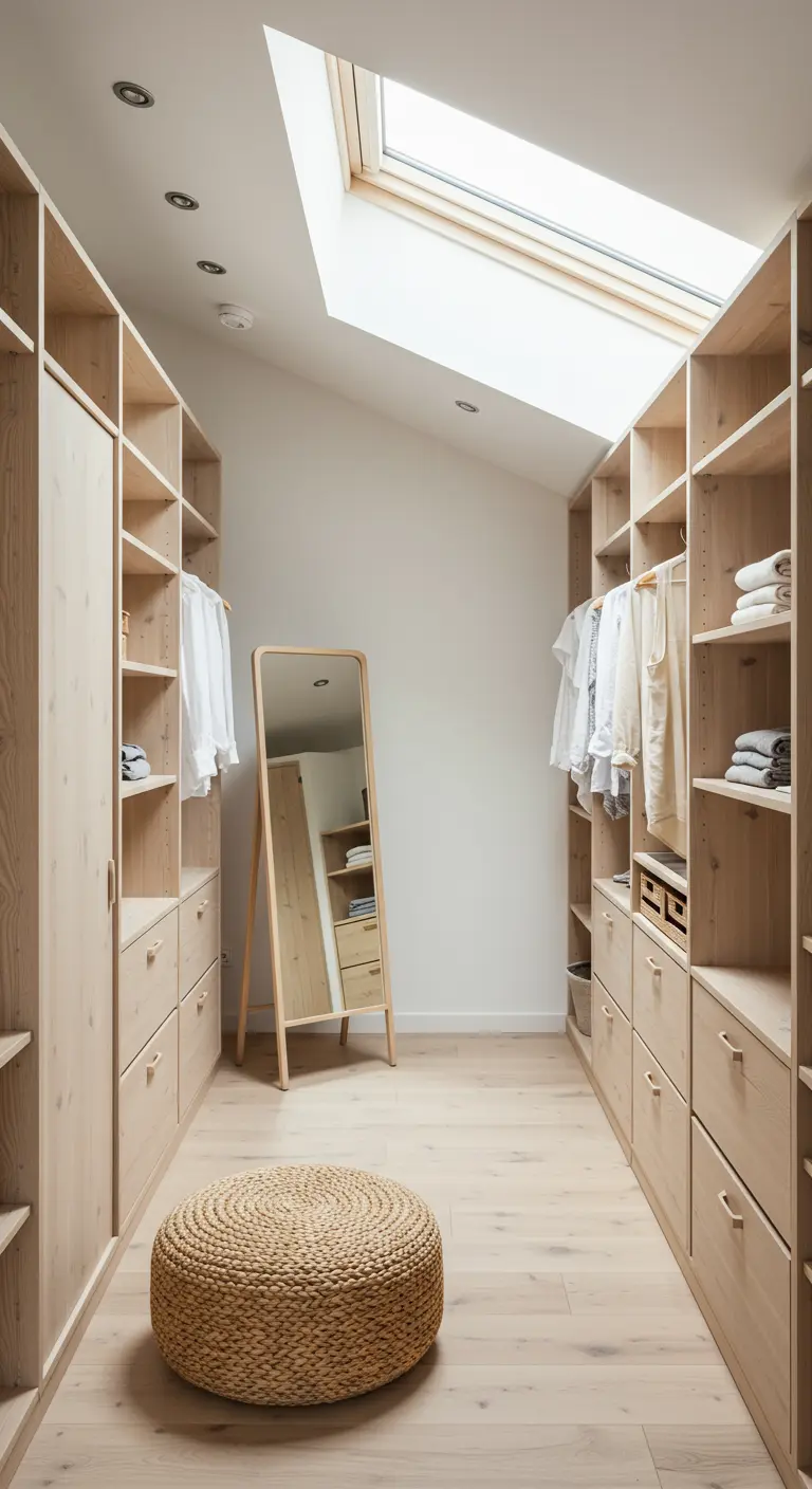 Dressing lumineux sous les toits avec des rangements en bois clair.
