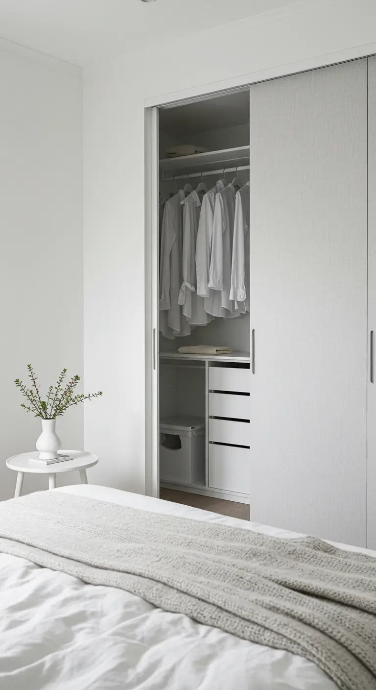 Portes de dressing coulissantes avec un revêtement texturé gris clair.