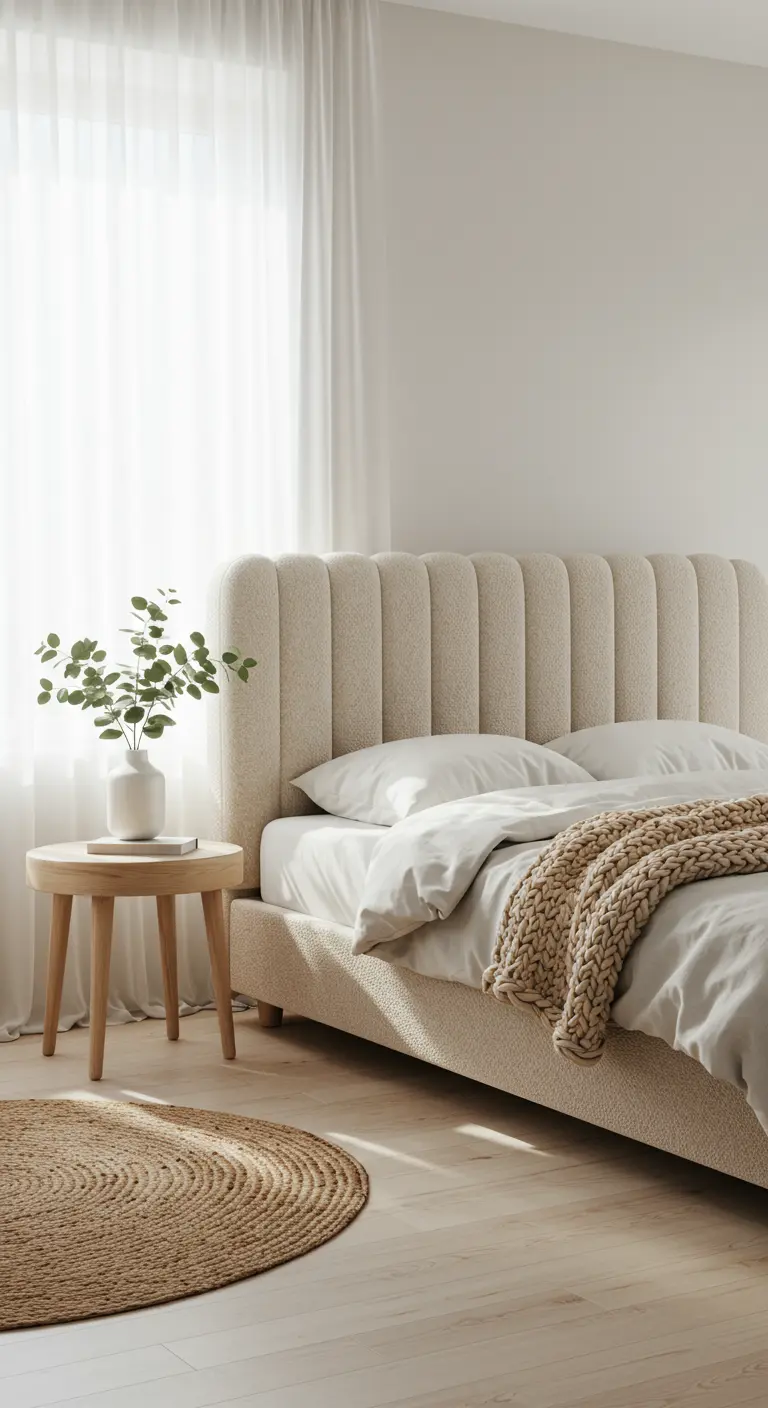 Tête de lit rembourrée beige à rayures verticales dans une chambre lumineuse.
