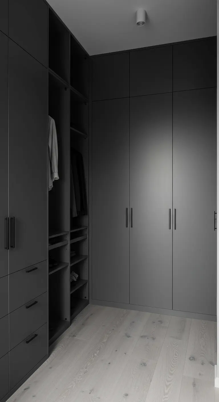 Grand dressing moderne de couleur anthracite avec des poignées noires et une section ouverte.