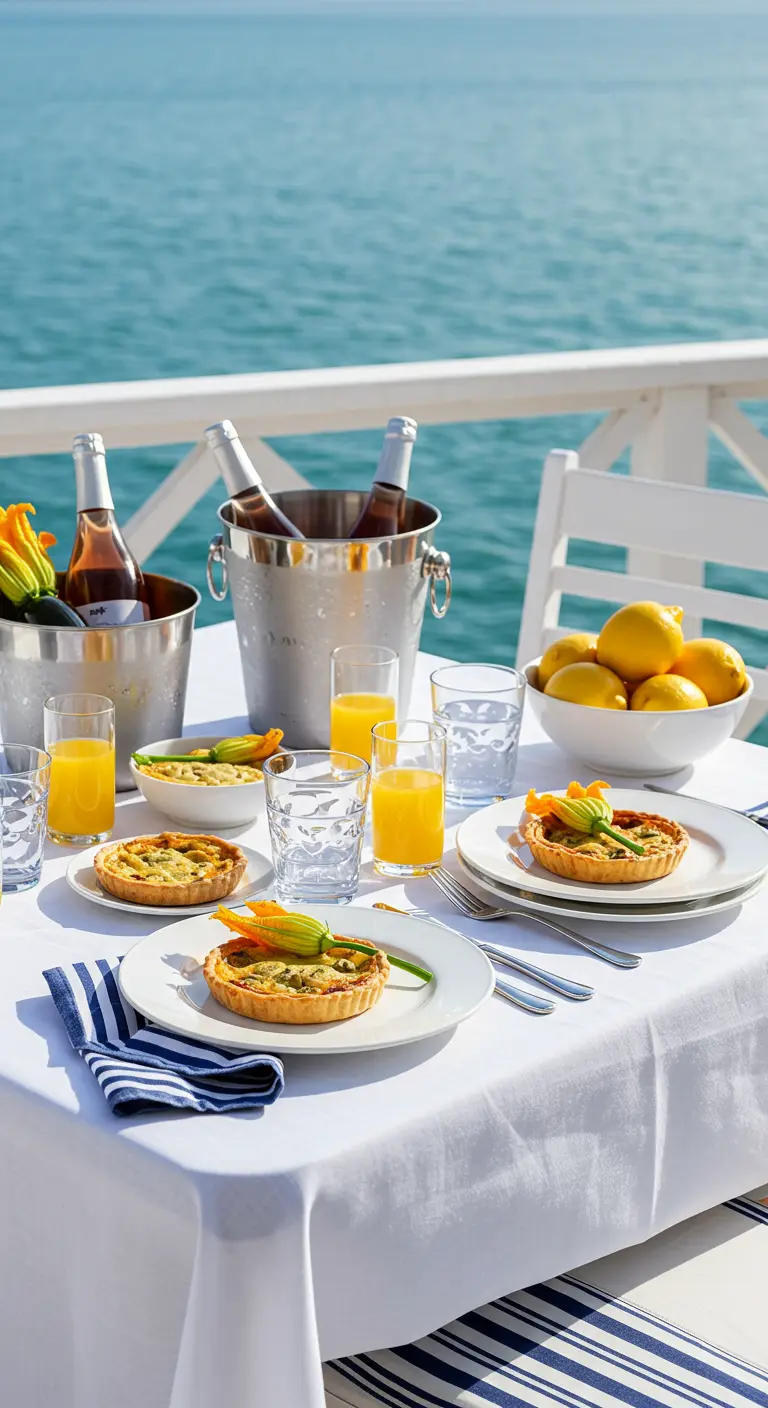 Quiches individuelles garnies de fleurs de courgette sur une table au bord de l'eau.