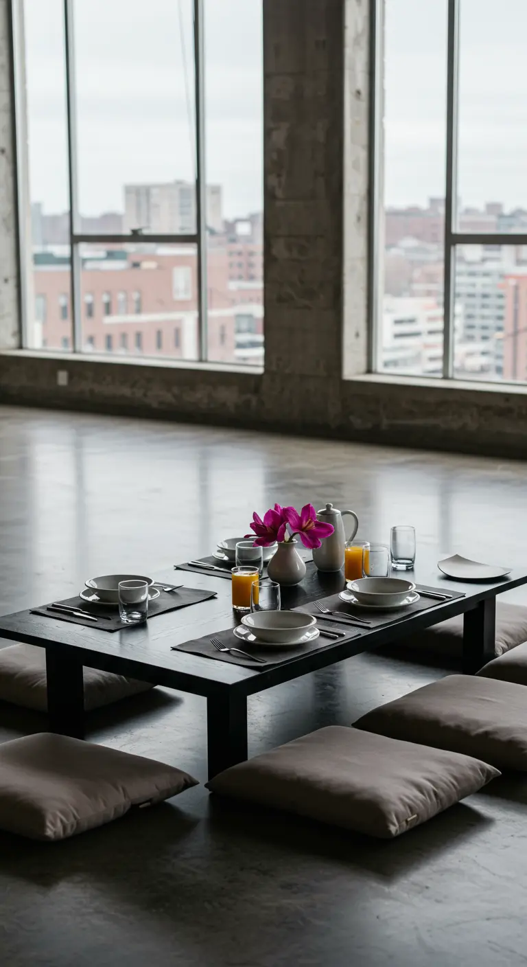 Table de brunch basse et minimaliste avec une seule orchidée magenta.