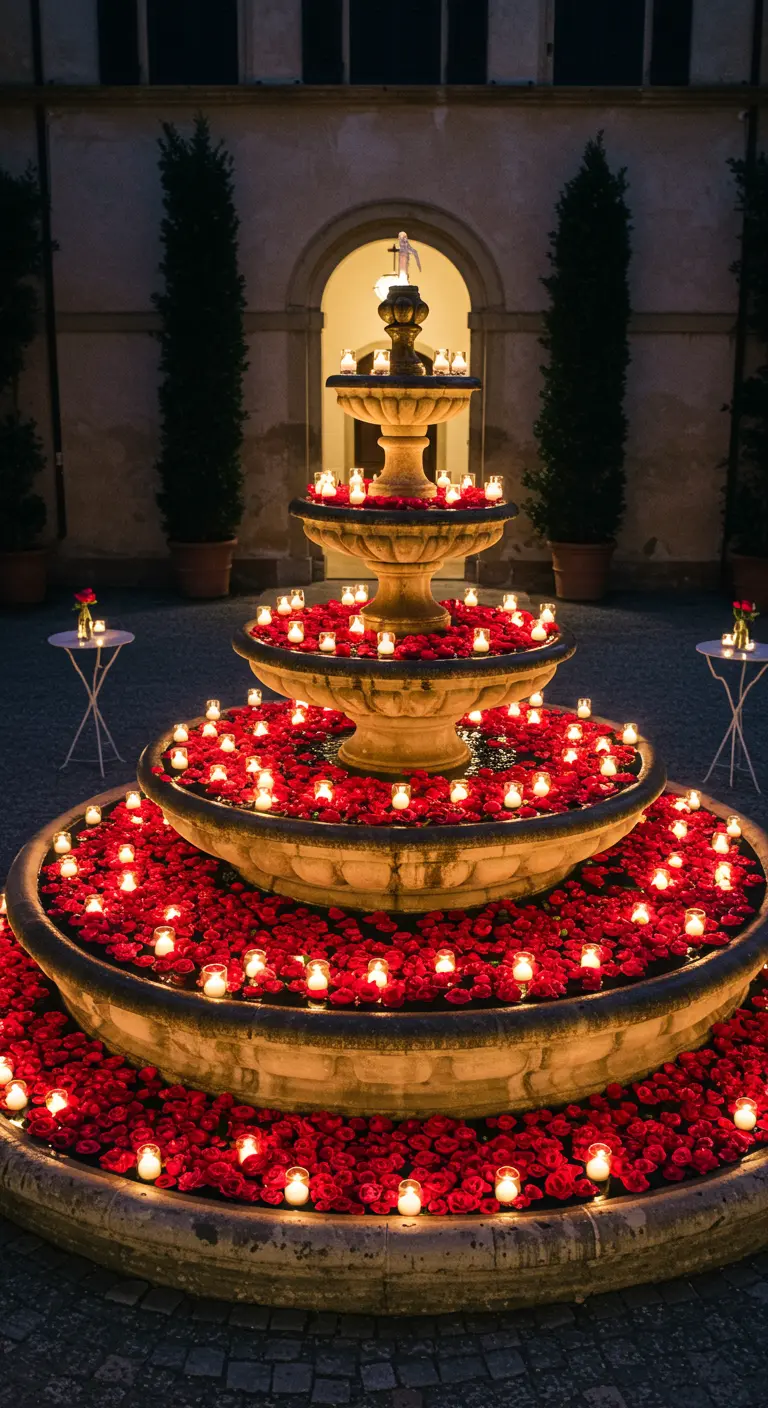 Fontaine à plusieurs niveaux remplie de roses rouges et de bougies allumées.