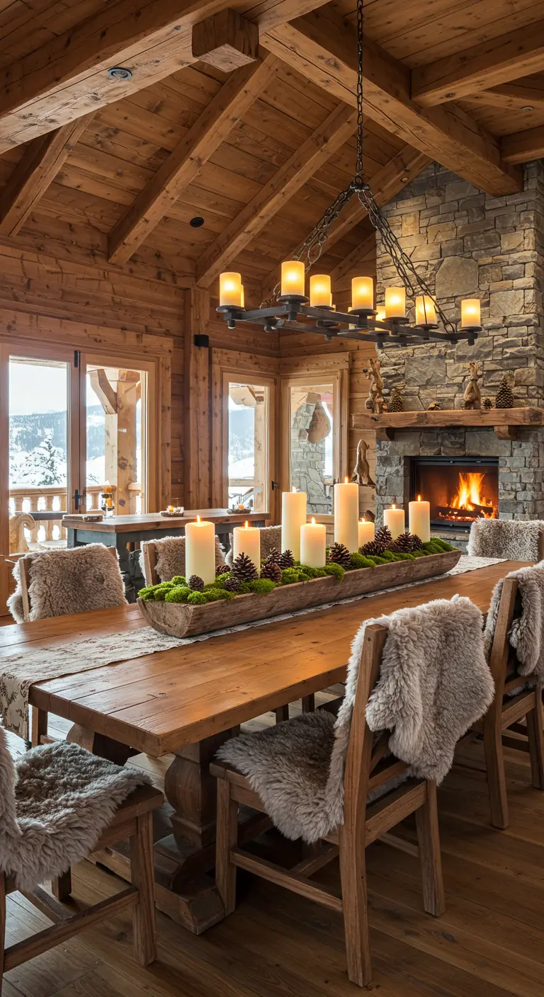 Grande table de dîner en bois avec un centre de table rempli de mousse et de bougies piliers.