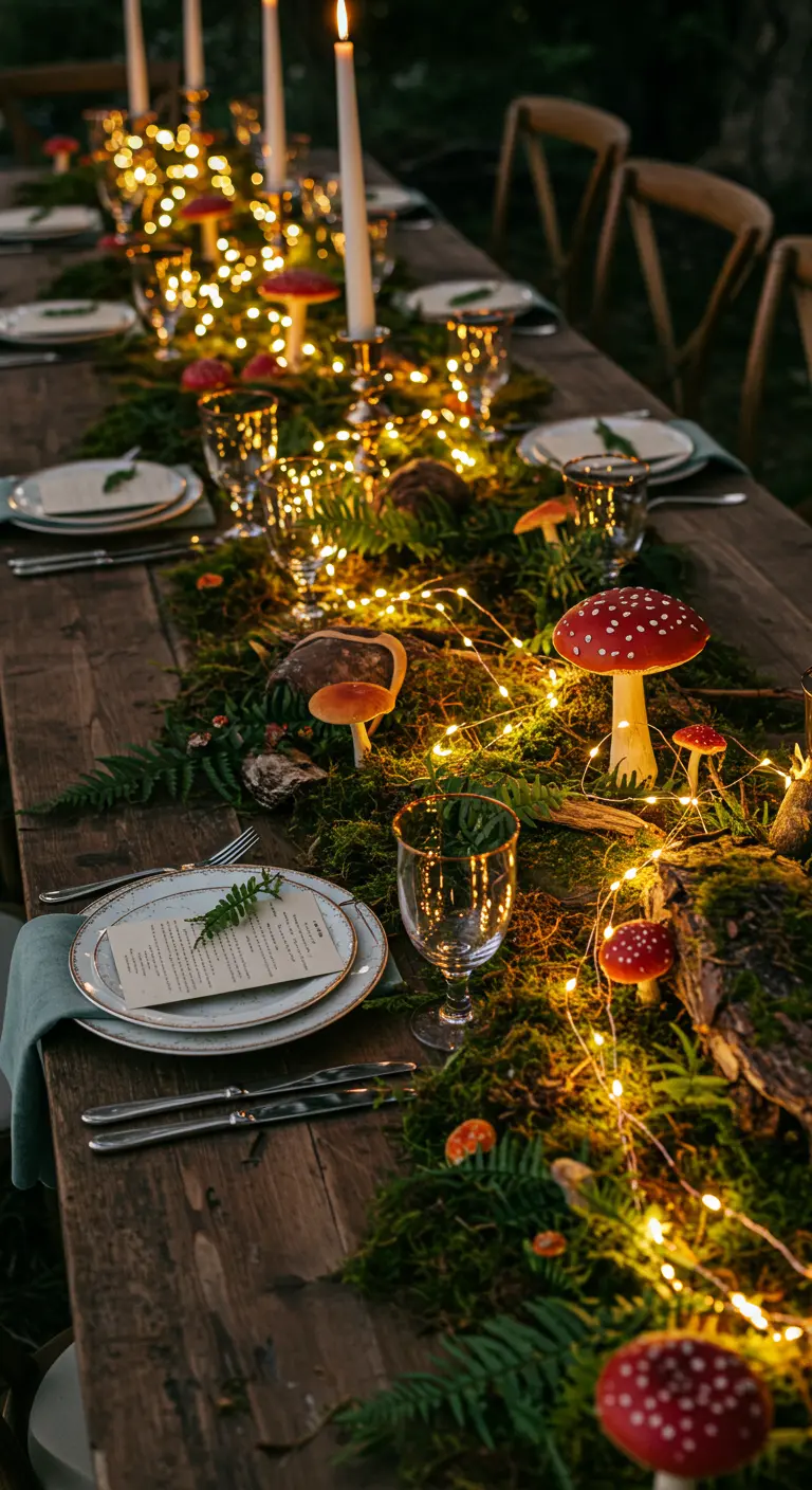 Table rustique avec un chemin de table en mousse, champignons et guirlandes lumineuses.