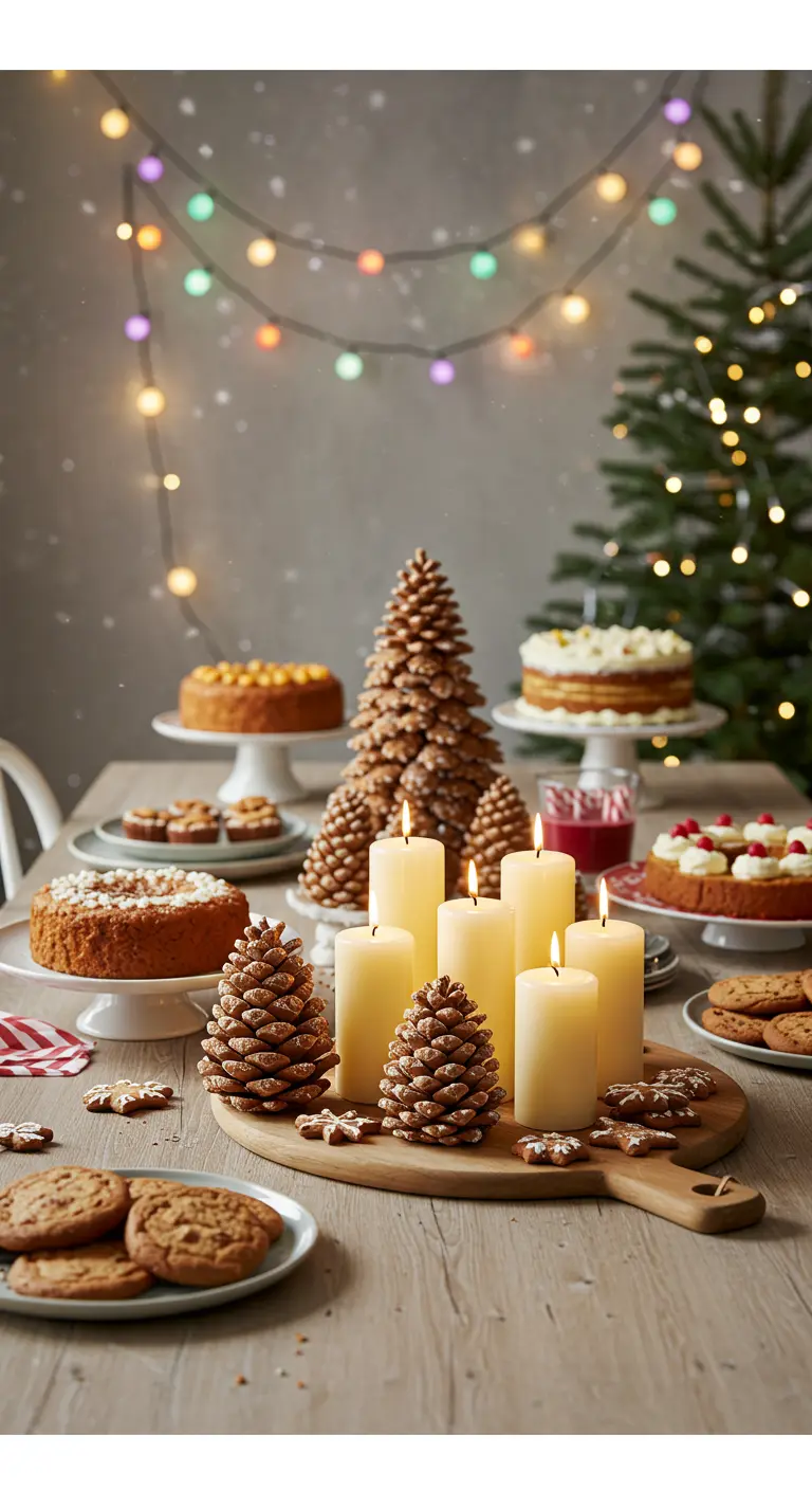 Arbre en pommes de pin au centre d'une table de desserts avec des bougies.