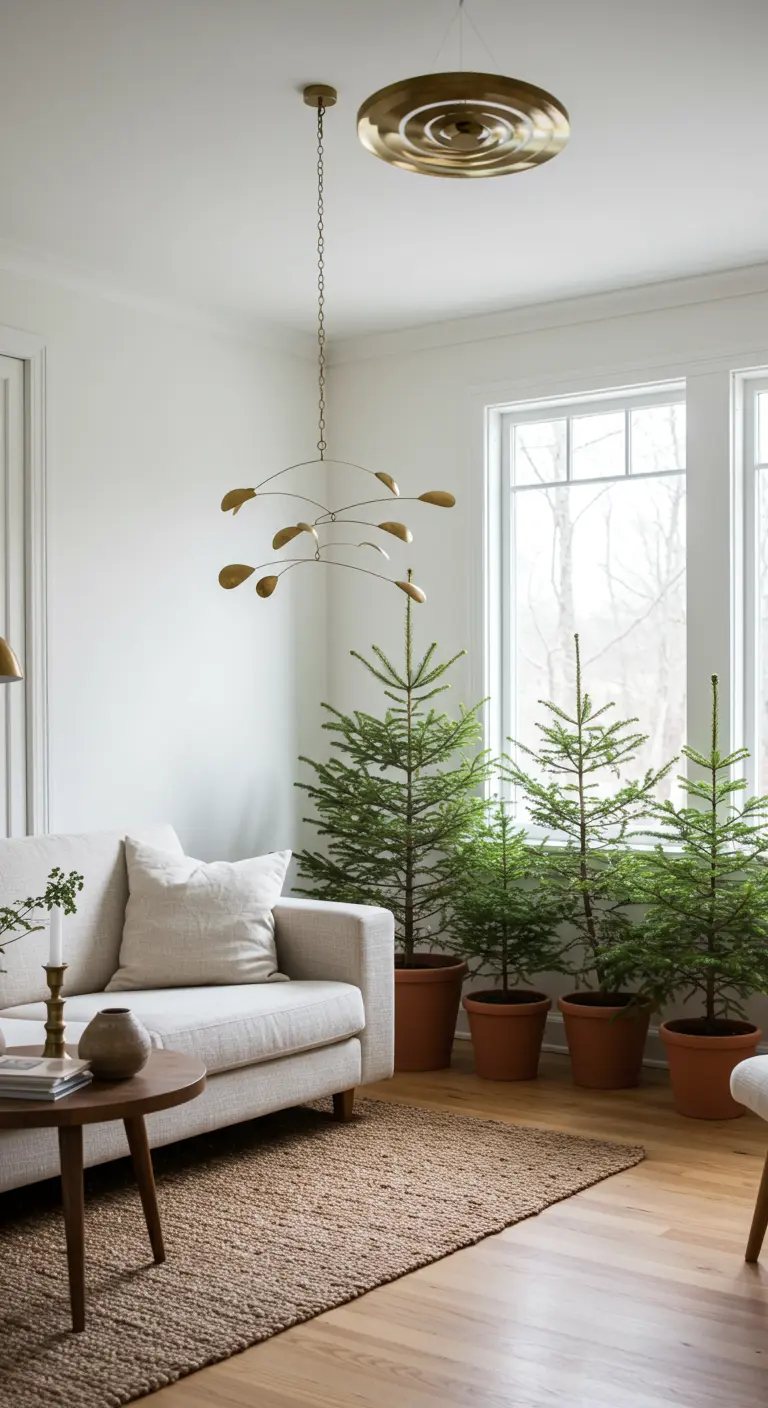 Groupe de petits sapins en pots de terre cuite dans un coin de salon lumineux.