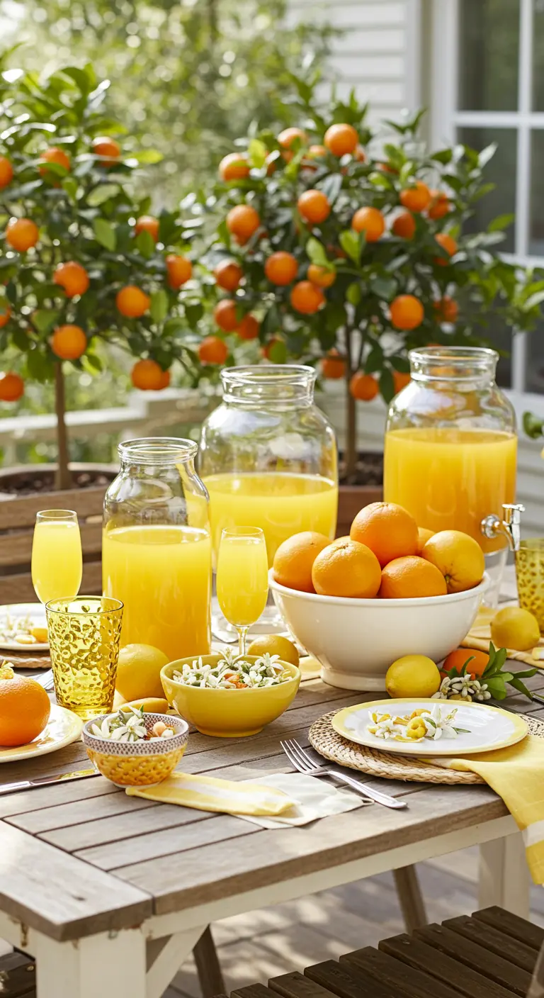 Table de brunch en extérieur sur le thème des agrumes avec des fleurs d'oranger.