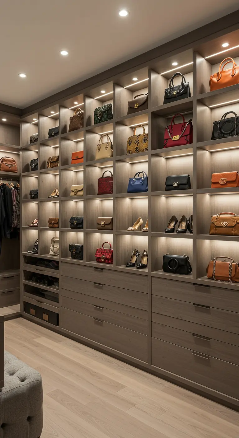Mur de rangement pour sacs à main avec des étagères éclairées individuellement.