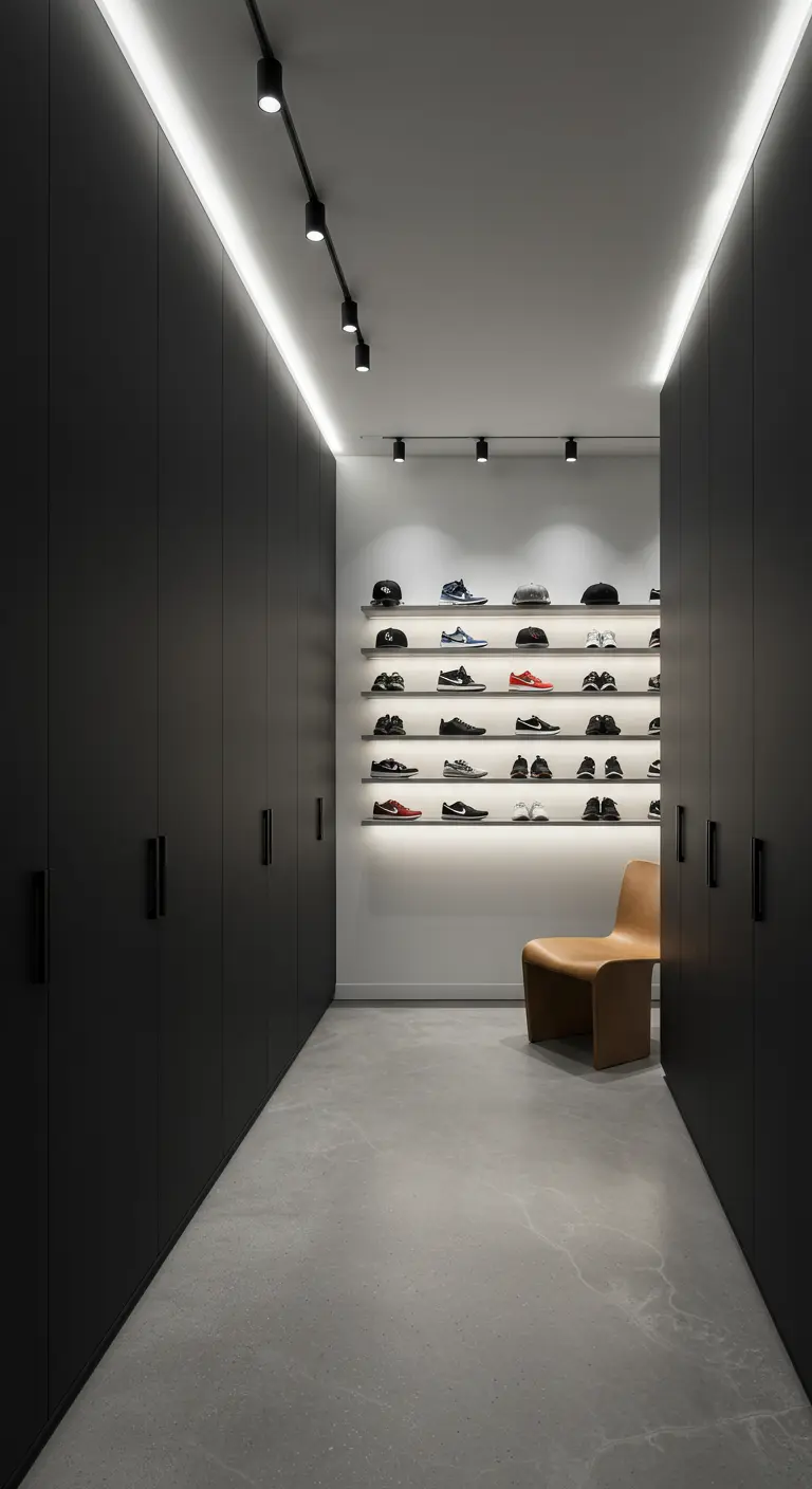Dressing minimaliste avec un mur d'exposition pour baskets éclairé par des LED.
