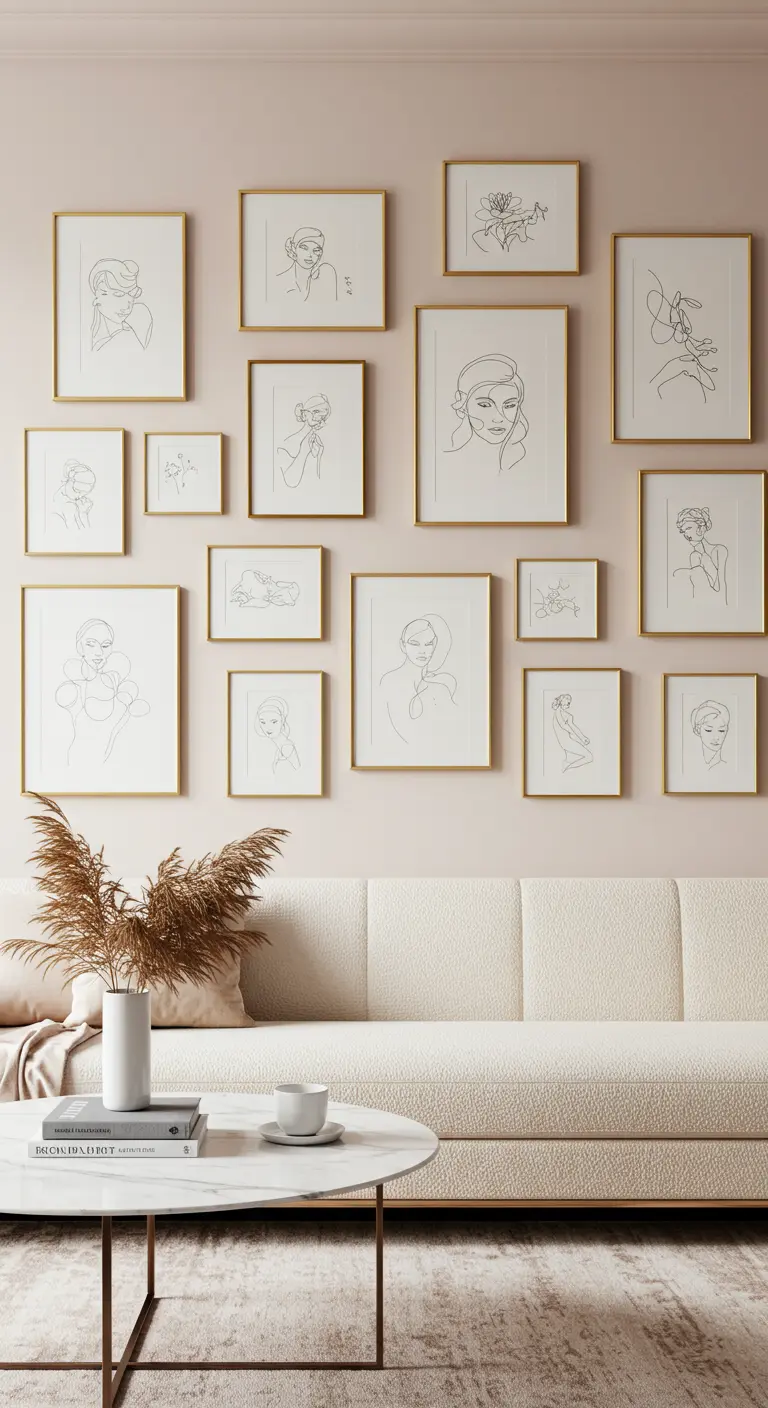 Mur de cadres dorés avec des dessins au trait sur un mur rose pâle, au-dessus d'un canapé crème.