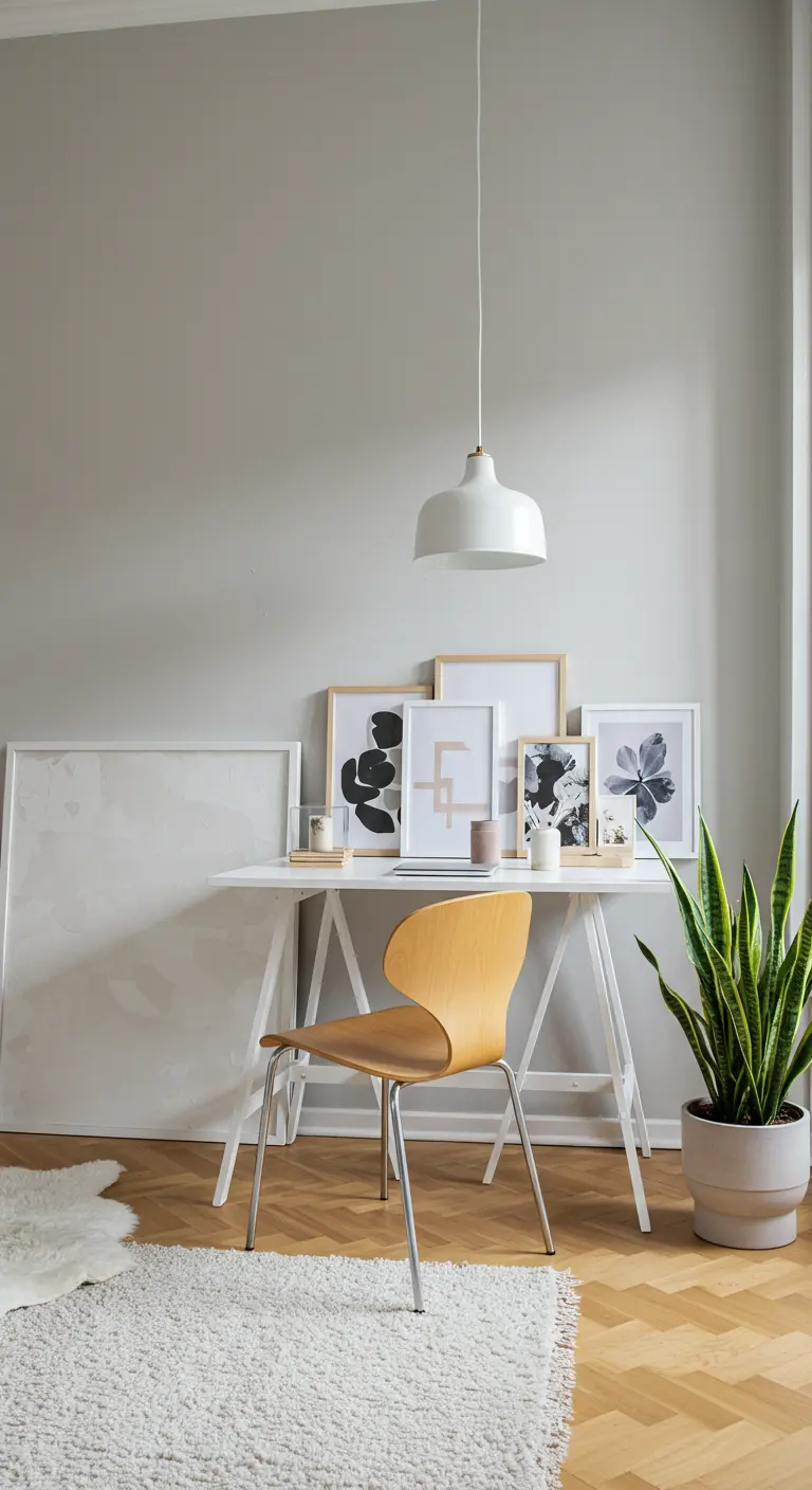 Bureau minimaliste avec des cadres d'art noir et blanc posés contre un mur gris.