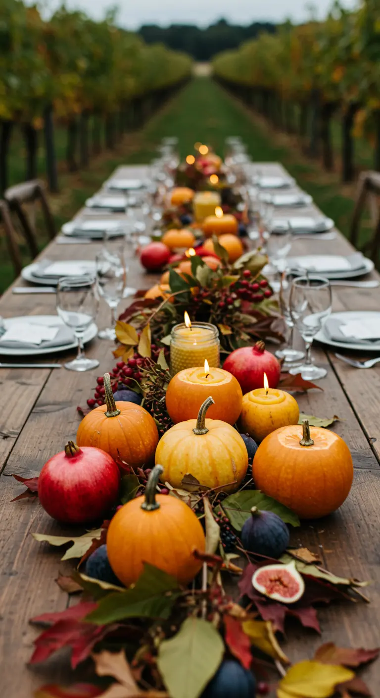 Chemin de table automnal avec citrouilles, grenades, figues et feuilles mortes sur une table en bois.