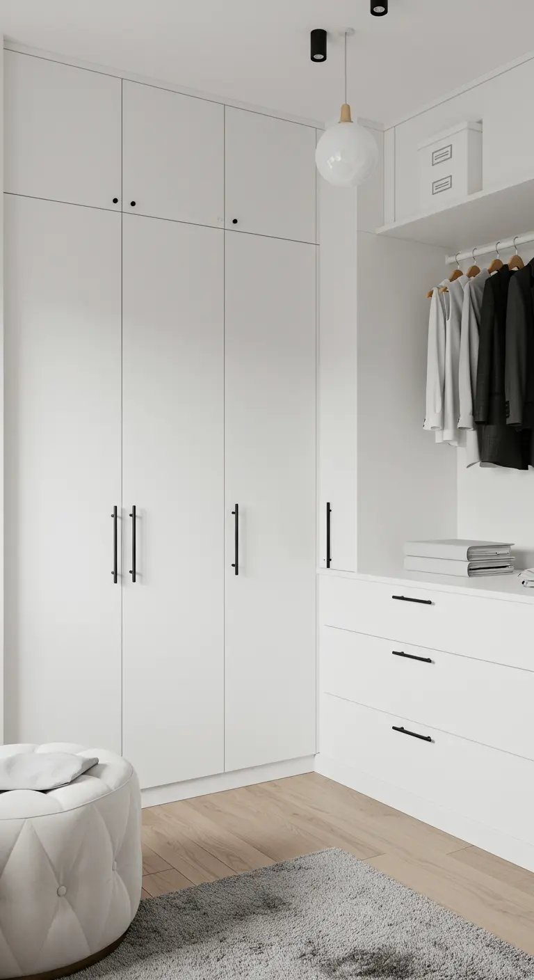 Dressing blanc très minimaliste avec de longues poignées noires et des lignes épurées.