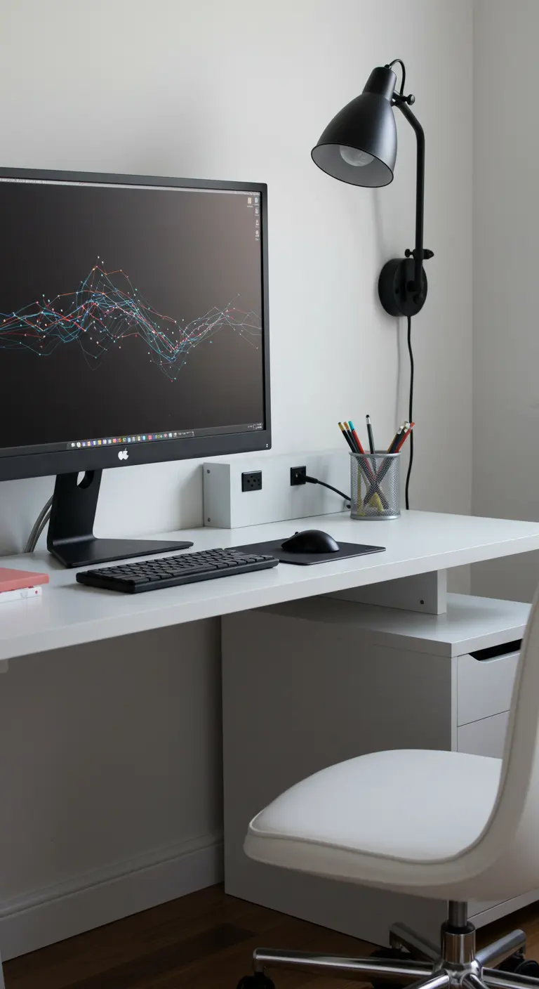 Bureau blanc minimaliste avec un écran d'ordinateur, montrant une gestion des câbles impeccable.