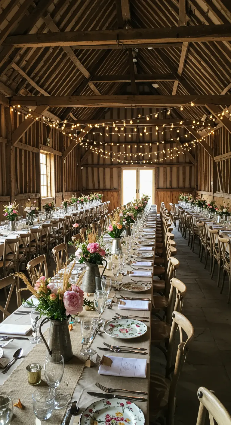 Longues tables de mariage dans une grange rustique illuminée de guirlandes.