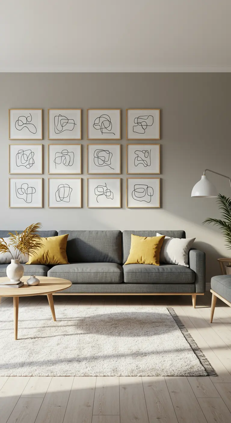 Mur de galerie minimaliste avec douze dessins au trait encadrés au-dessus d'un canapé gris.