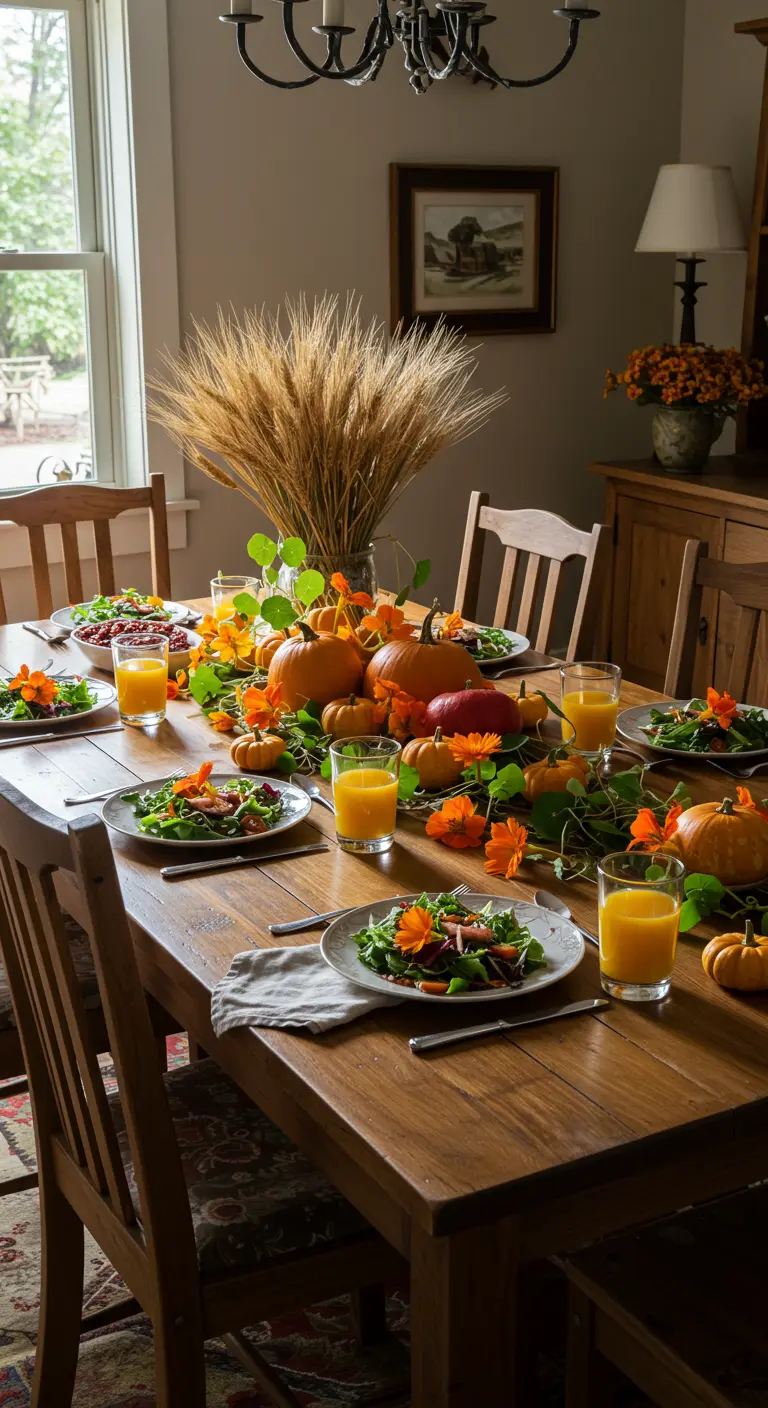 Table de brunch d'automne avec une guirlande de capucines et des citrouilles.