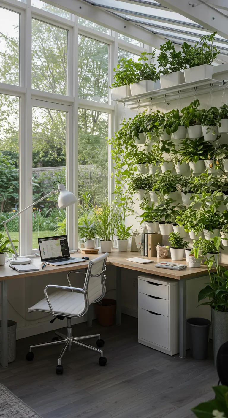 Bureau d'angle blanc dans une véranda lumineuse avec un grand mur de plantes vertes.