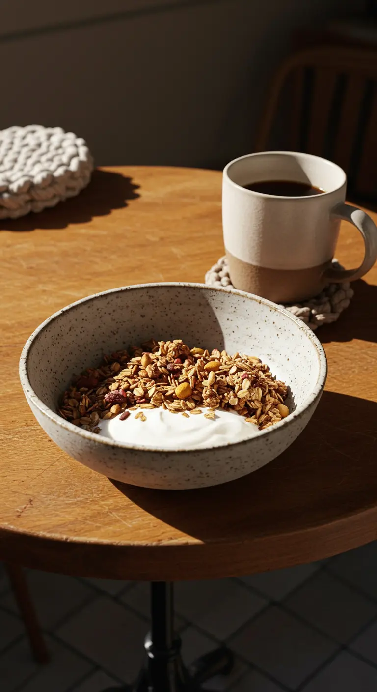 Bol de granola en céramique artisanale baigné de soleil matinal.