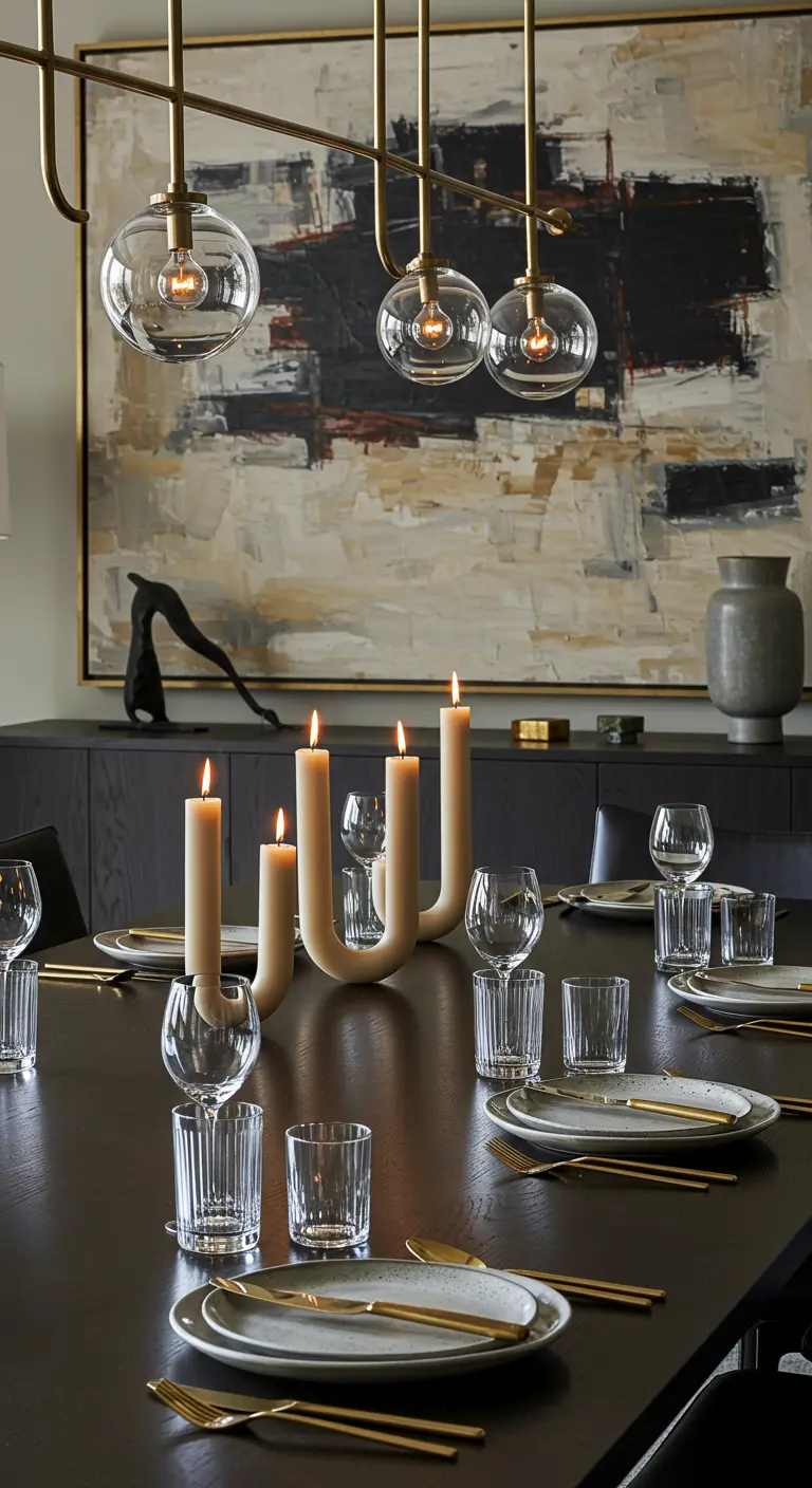 Table de dîner moderne avec un bougeoir sculptural en forme de U et des couverts dorés.