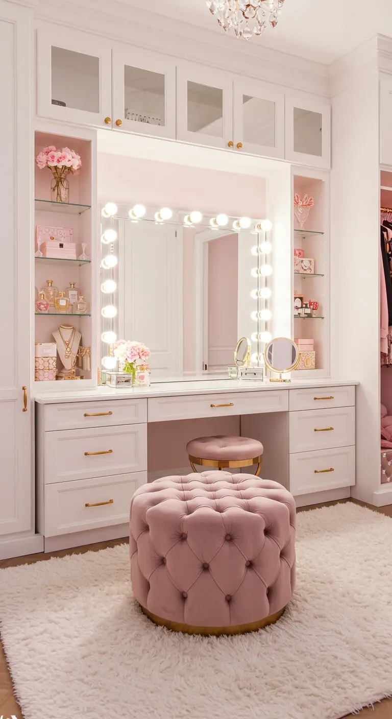 Coiffeuse blanche intégrée à un dressing, avec un miroir à ampoules.