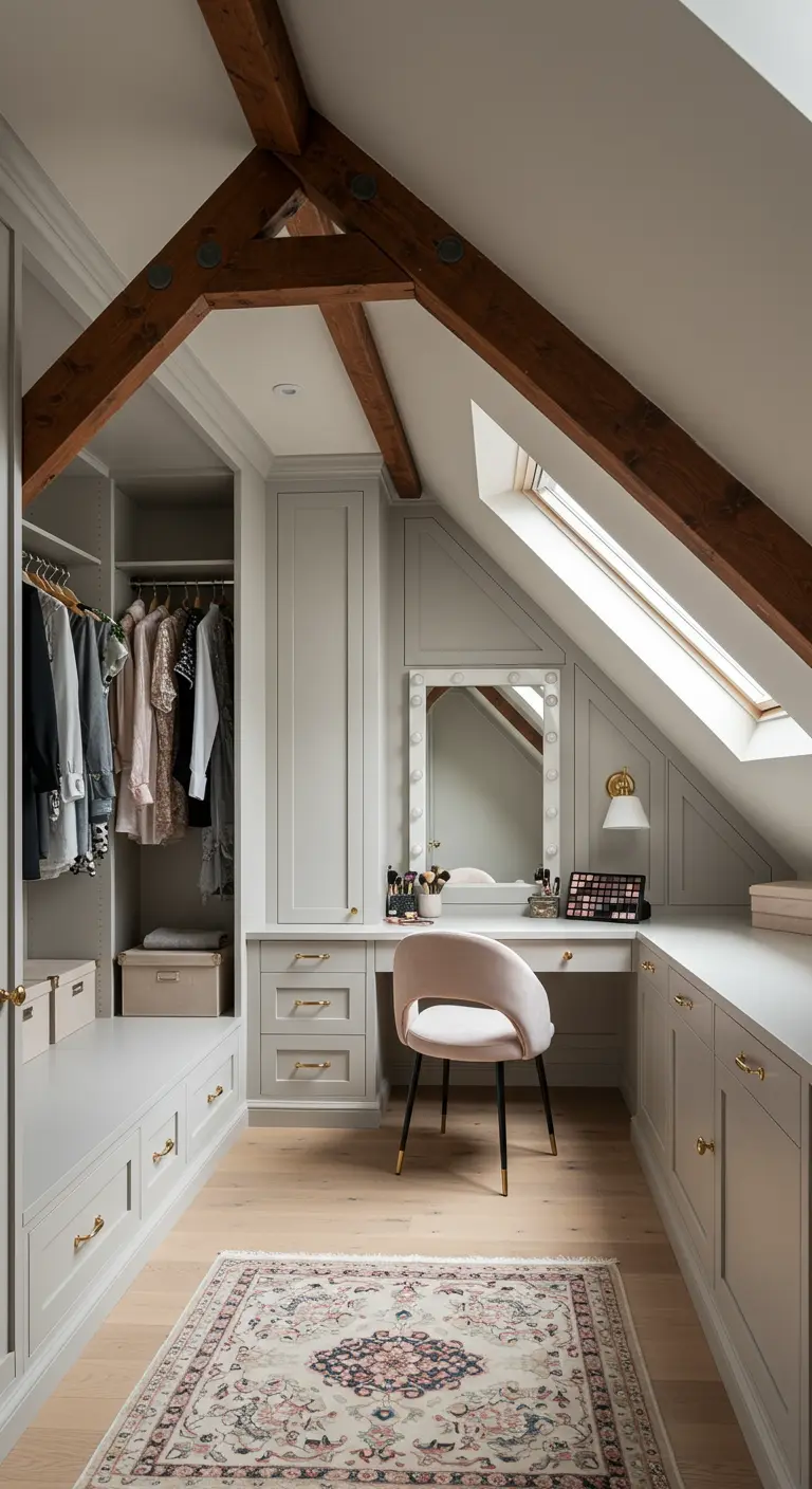 Dressing sous comble avec coiffeuse intégrée et miroir à ampoules de style Hollywood.