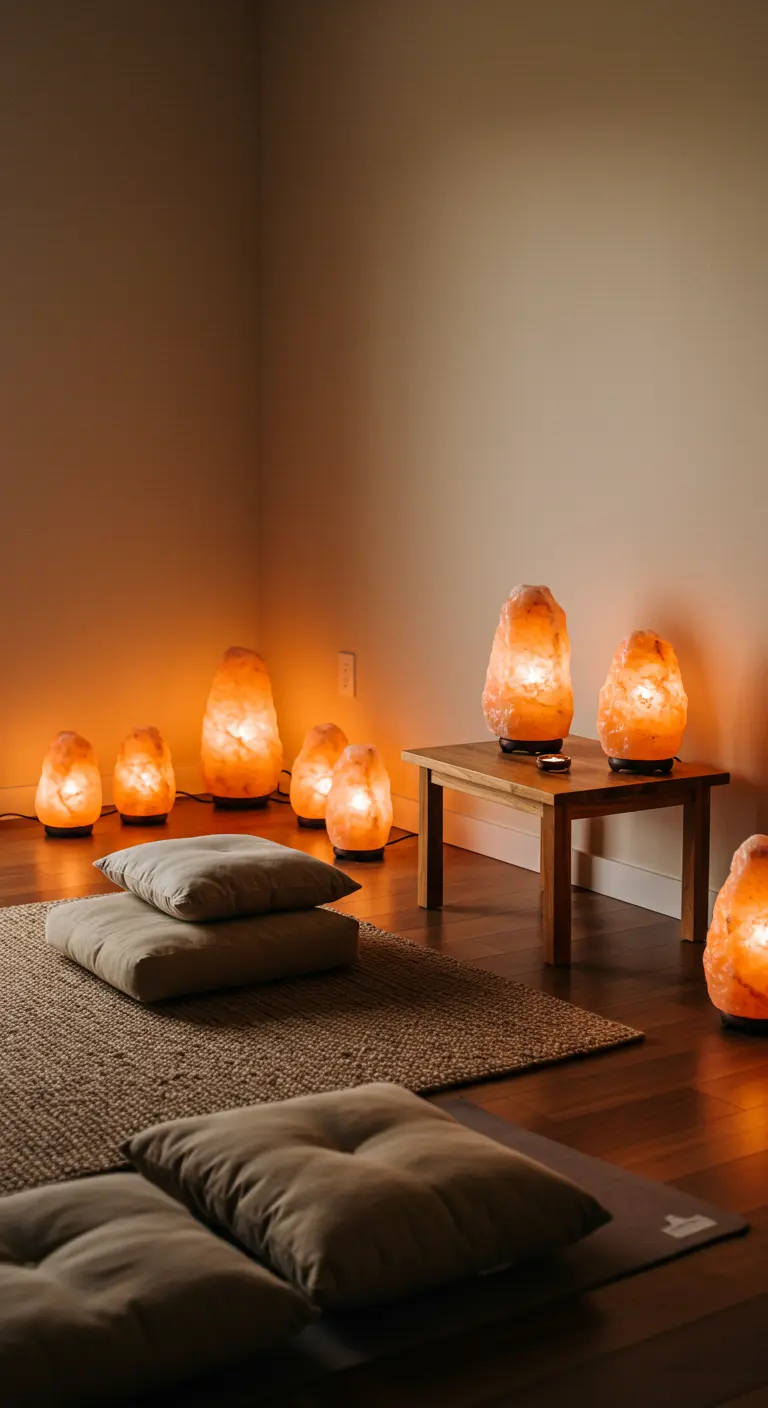 Un coin méditation avec plusieurs lampes de sel de l'Himalaya créant une ambiance chaude.