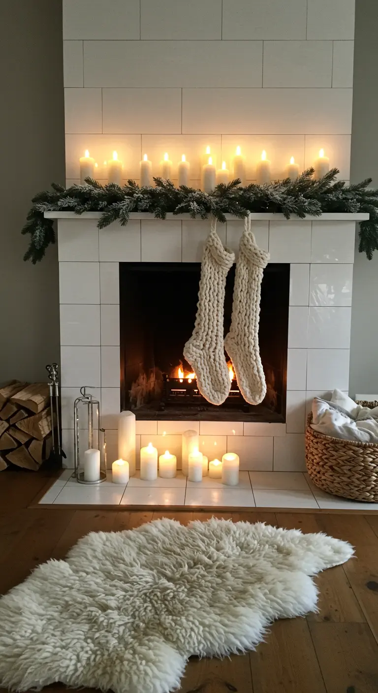 Cheminée blanche minimaliste éclairée par une rangée de nombreuses bougies.