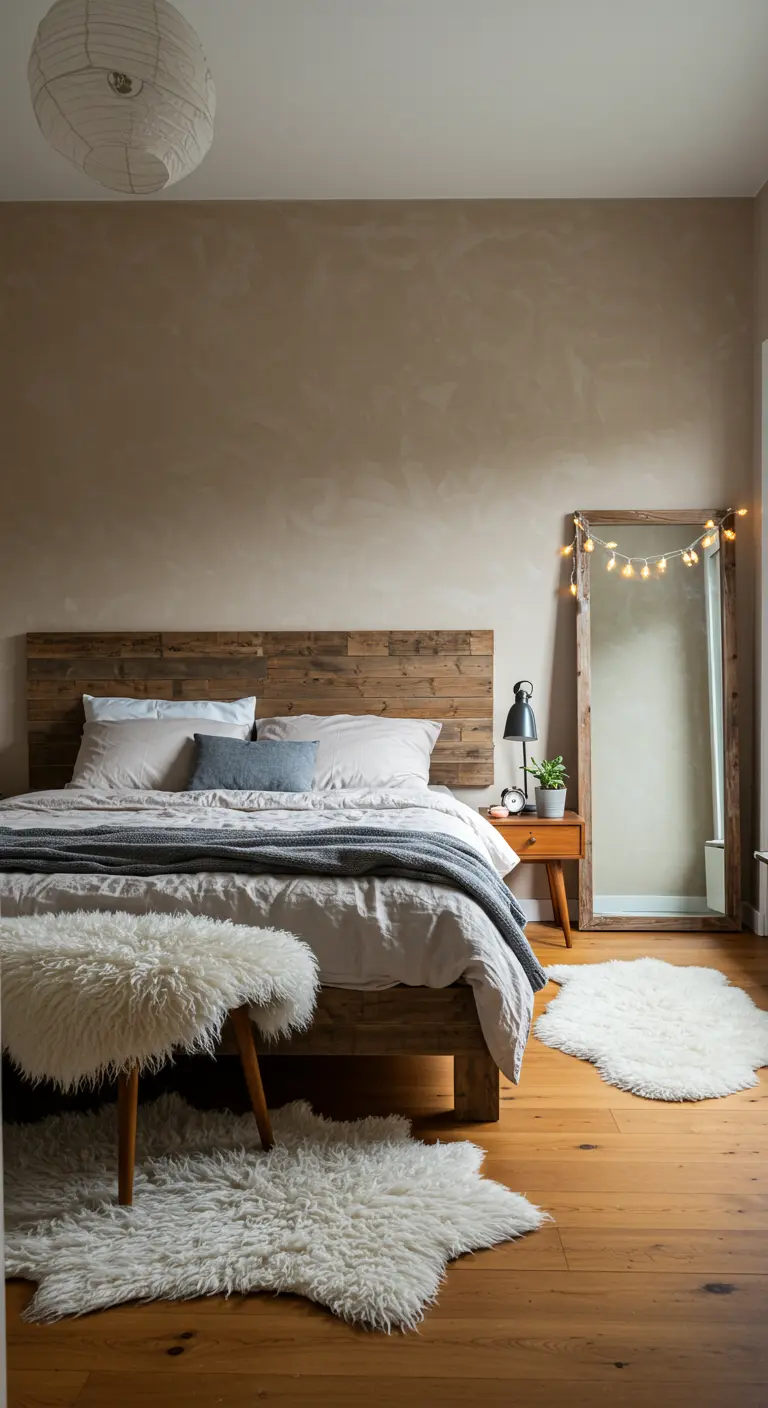 Chambre avec tête de lit en bois, miroir au sol décoré de guirlandes lumineuses.